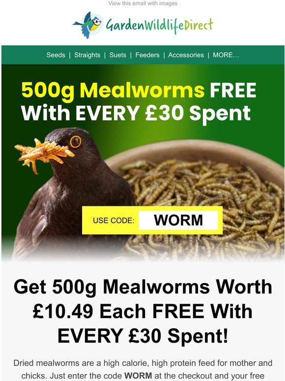 Garden Wildlife Direct Get 500g Mealworms Worth 10.49 Each FREE With