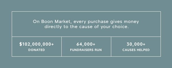 On Boon Market, every purchase you make gives money directly to the cause of your choice.