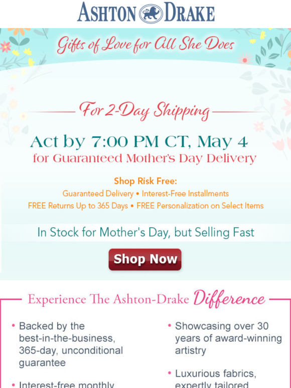 Last Chance!  Our 2-Day Shipping Deadline for Mother's Day is Today