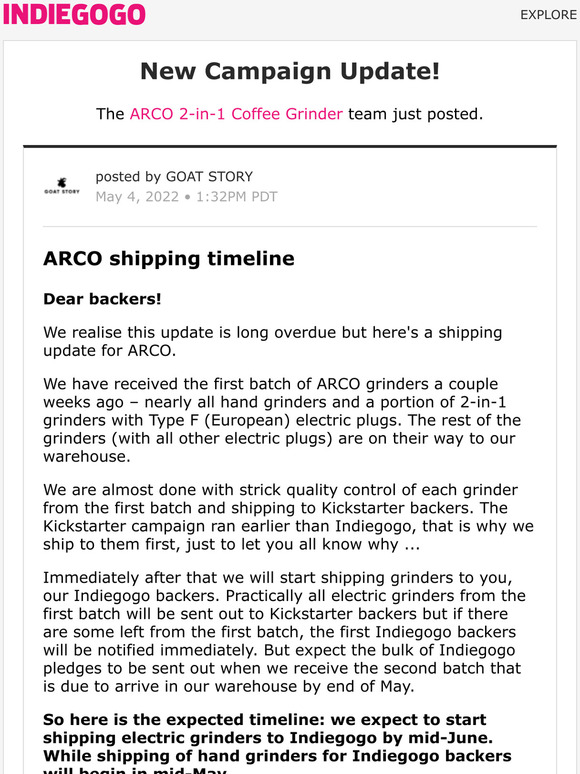 Indiegogo Update 13 from ARCO 2in1 Coffee Grinder Milled