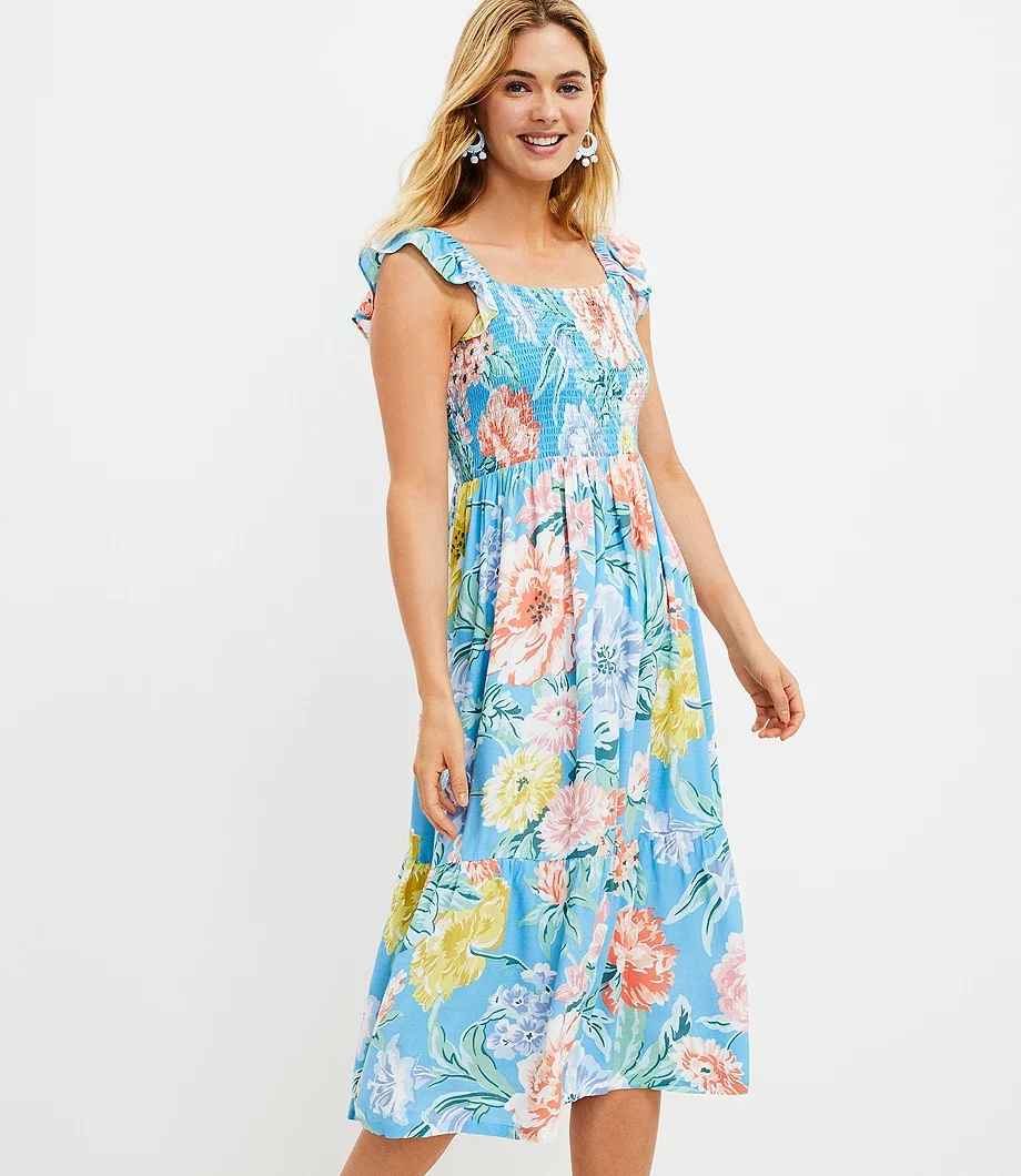 Garden Smocked Ruffle Midi Dress