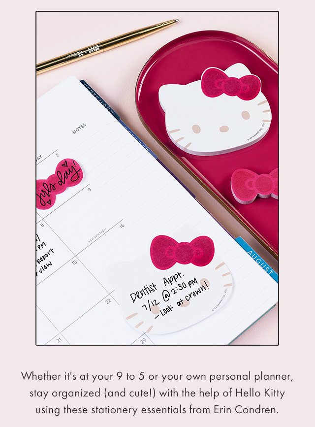 Whether it's at your 9 to 5 or your own personal planner, stay organized (and cute!) with the help of Hello Kitty using these stationery essentials from Erin Condren.