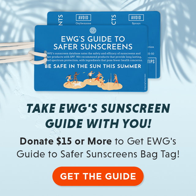 Take EWG's Sunscreen Guide with you! - Donate $15 or More to Get EWG's Guide to Safer Sunscreens Bag Tag! - GET THE GUIDE