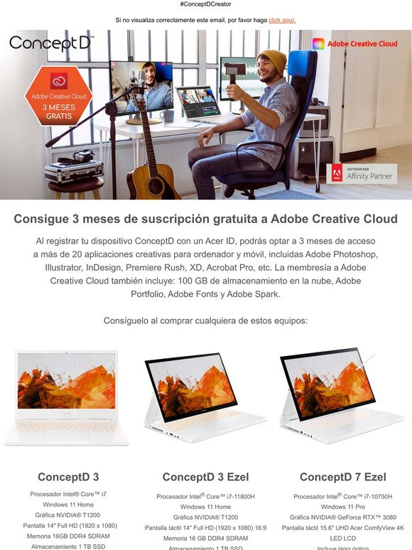 Consigue con ConceptD 3 meses gratis de Adobe Creative Cloud