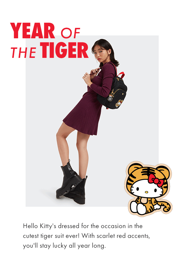 Year of the Tiger. Hello Kitty's dressed for the occasion in the cutest tiger suit ever! With scarlet red accents, you'll stay lucky all year long.