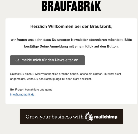 Braufabrik Newsletter: Bitte Anmeldung besttigen