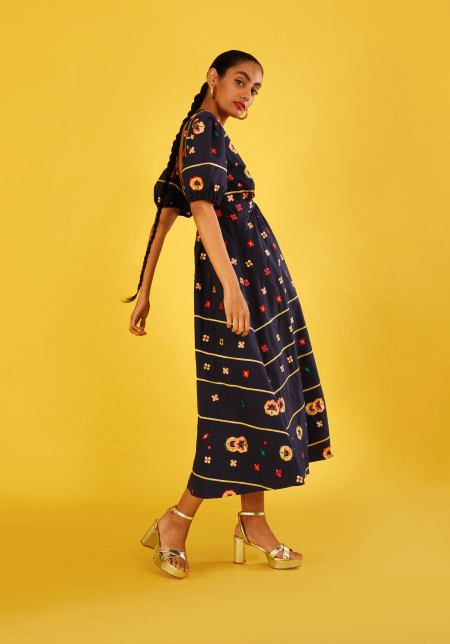 Ola embroidered midi dress in sustainable cotton blue