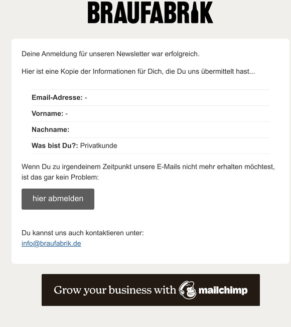 Braufabrik Newsletter: Anmeldung besttigt.