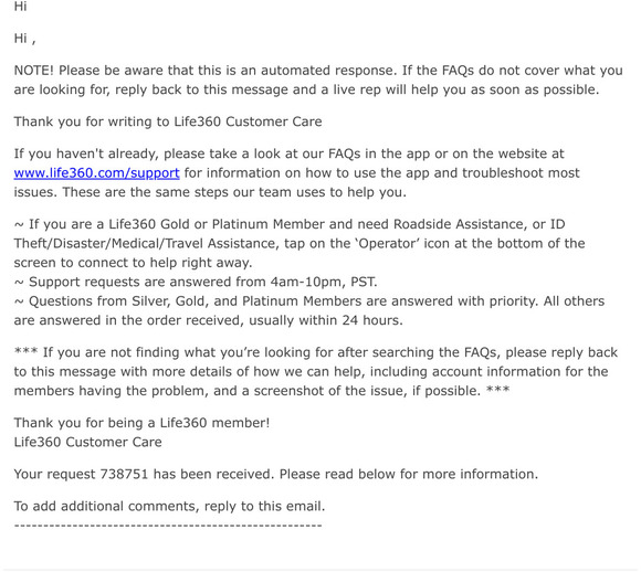 Life360 support request received