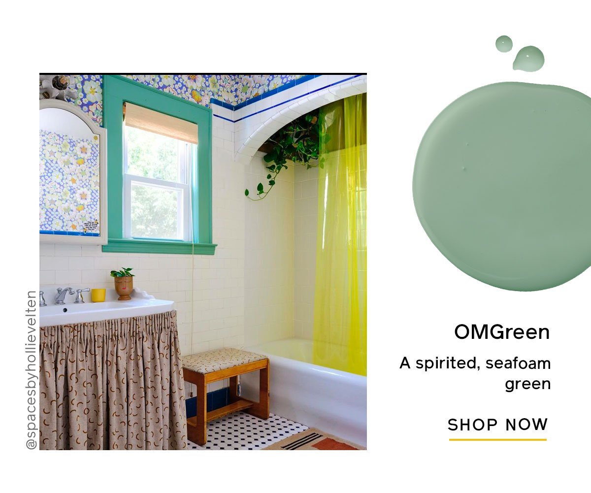 OMGreen is a spirited, seafoam green that compliments this quirky, imaginative kids bathroom.