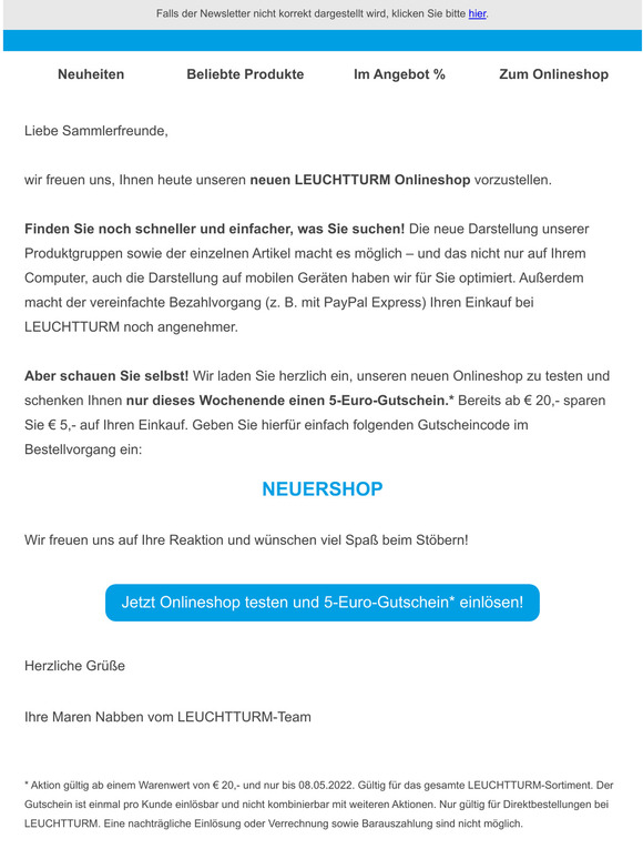 Neuer Onlineshop bei LEUCHTTURM und 5-Euro-Gutschein* fr Sie!