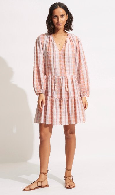 TEXTURED GINGHAM TIERED DRESS