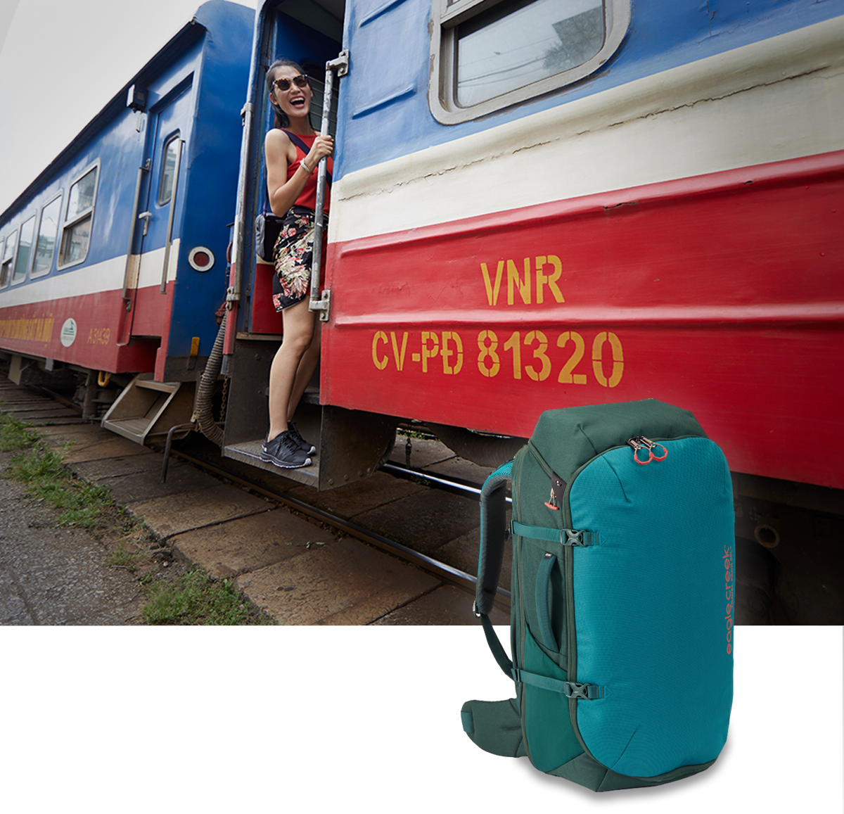 Lifestyle image of a woman peeking outside the door of train. Teal Duffel bag product image placed on top of the lifestyle image.
