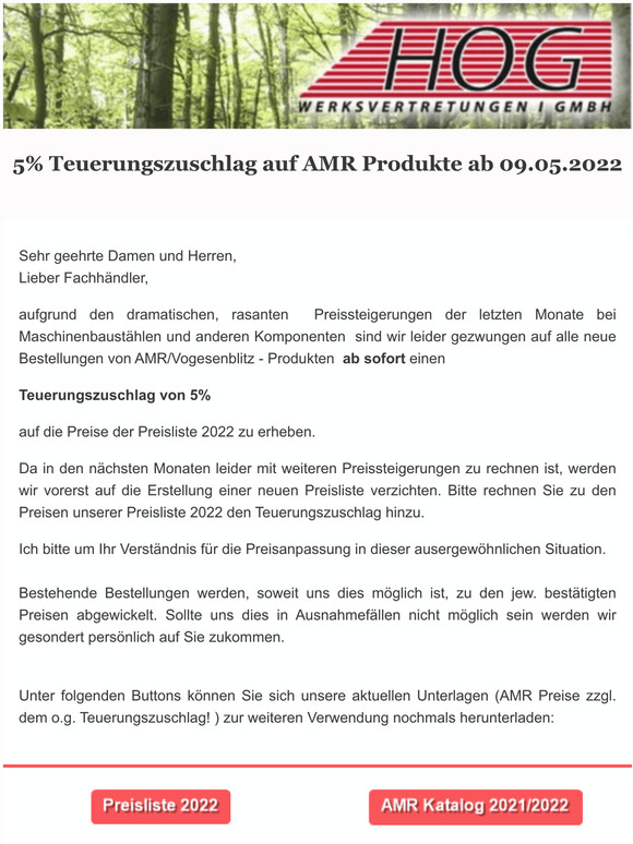 Wichtige Hndlerinformation: 5% Teuerungszuschlag auf AMR Produkte ab 09.05.2022