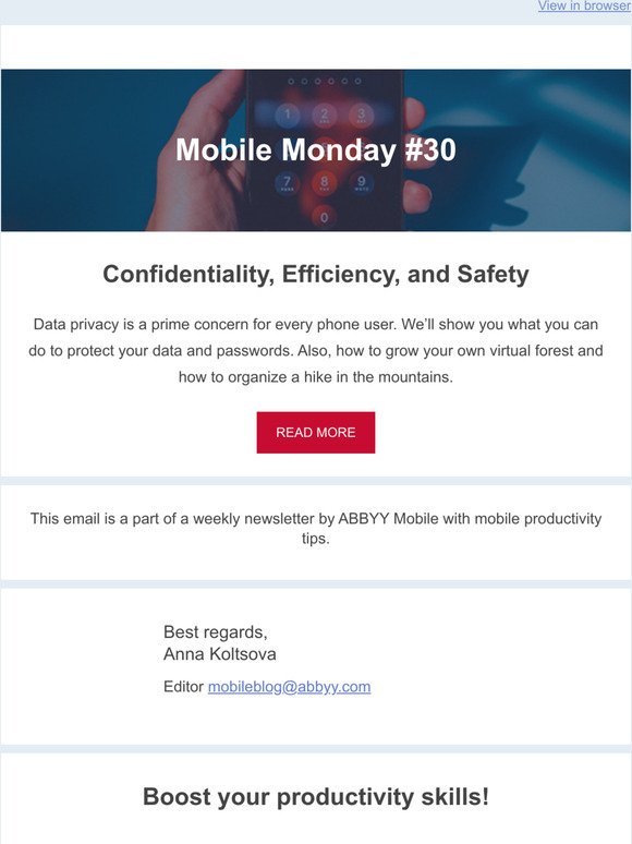 Mobile Monday #30: Confidentiality, Efficiency, and Safety