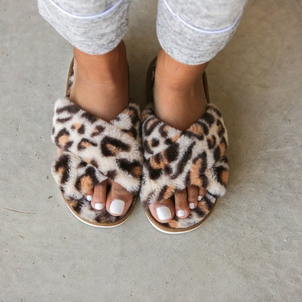 Open Toed Leopard Faux Fur Slippers