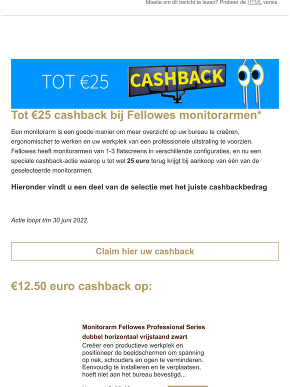Geld terug bij aanschaf van een Fellowes monitorarm*