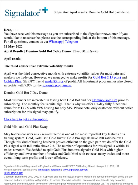 Signalator: April results. Domino Gold Bot paid demo.