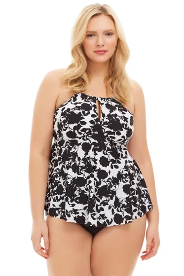 ALWAYS FOR ME BLACK AND WHITE BEACH FLOWER PLUS SIZE TANKINI TOP WITH MATCHING TANKINI BOTTOM