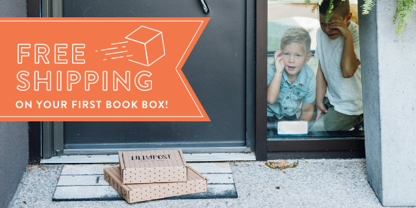 Two boys peer out a window where a Lillypost box sits waiting by the front door. Text reads "Free shipping on your first book box!"