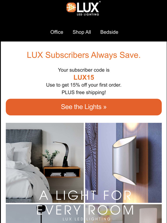 LUX LED Lighting to LUX 15 Off Code Inside Milled