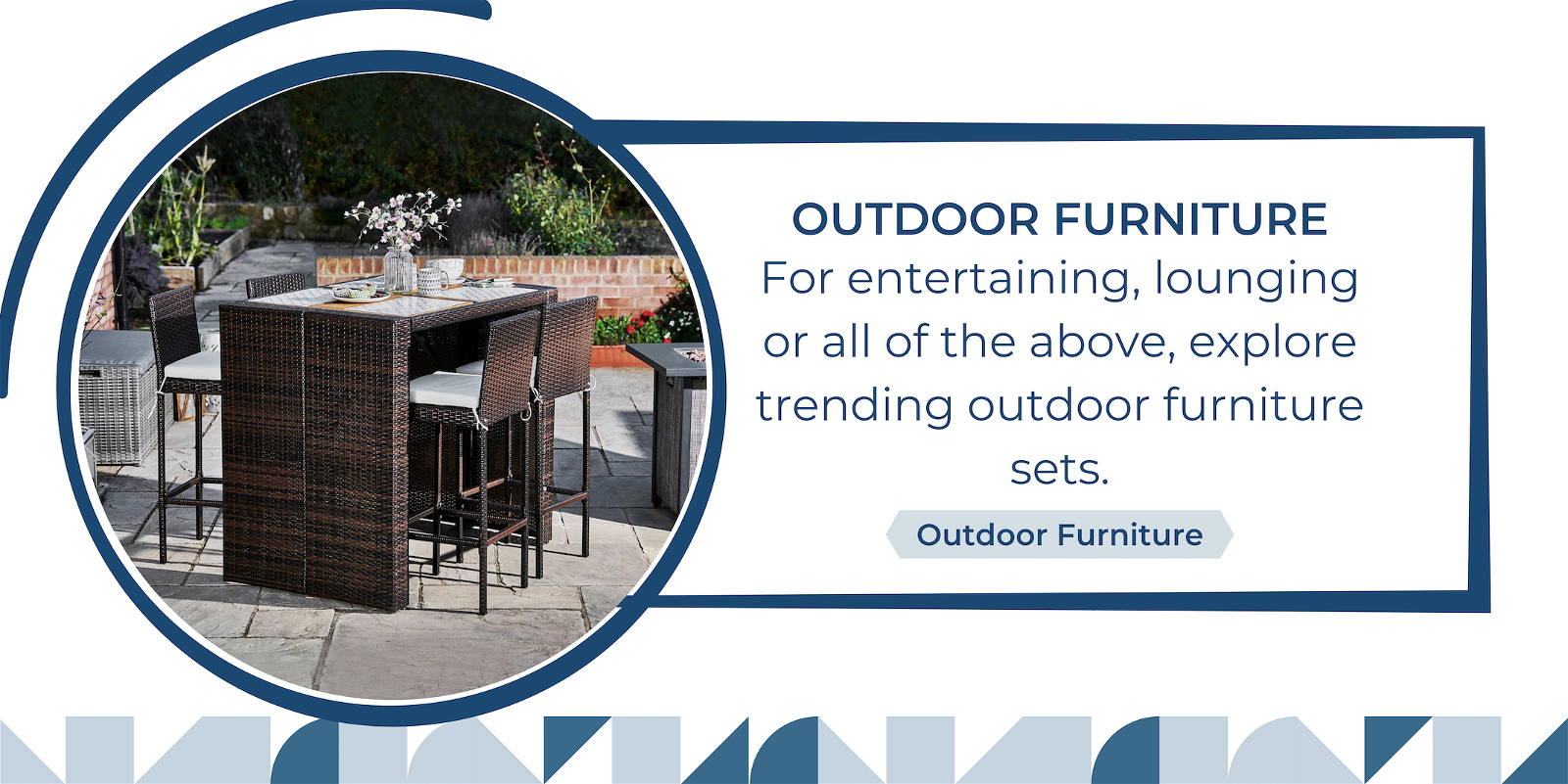 Outdoor Furniture: For entertaining, lounging or all of the above, explore trending outdoor furniture sets. A Wicker four seat patio table with matching chairs sit outside in the sun.