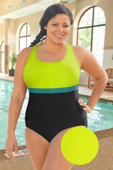 CHLORINE RESISTANT AQUAMORE CHARTREUSE, JADE, AND BLACK TEXTURED PLUS SIZE COLOR BLOCK SCOOP NECK ONE PIECE SWIMSUIT