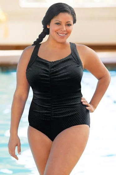 CHLORINE RESISTANT AQUAMORE BLACK TEXTURED PLUS SIZE SHIRRED FRONT ONE PIECE SWIMSUIT