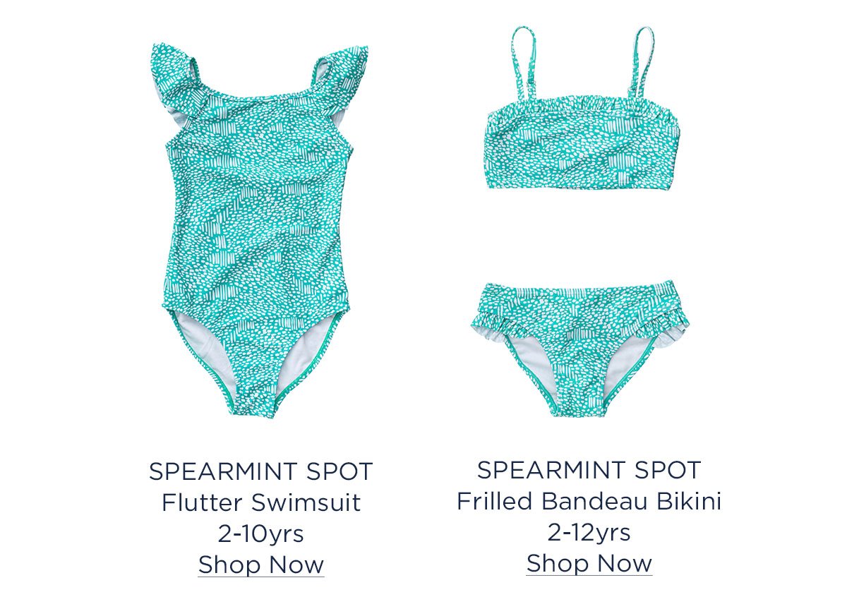 Spearmint Spot Flutter Swimsuit and Frilled Bandeau Bikini.