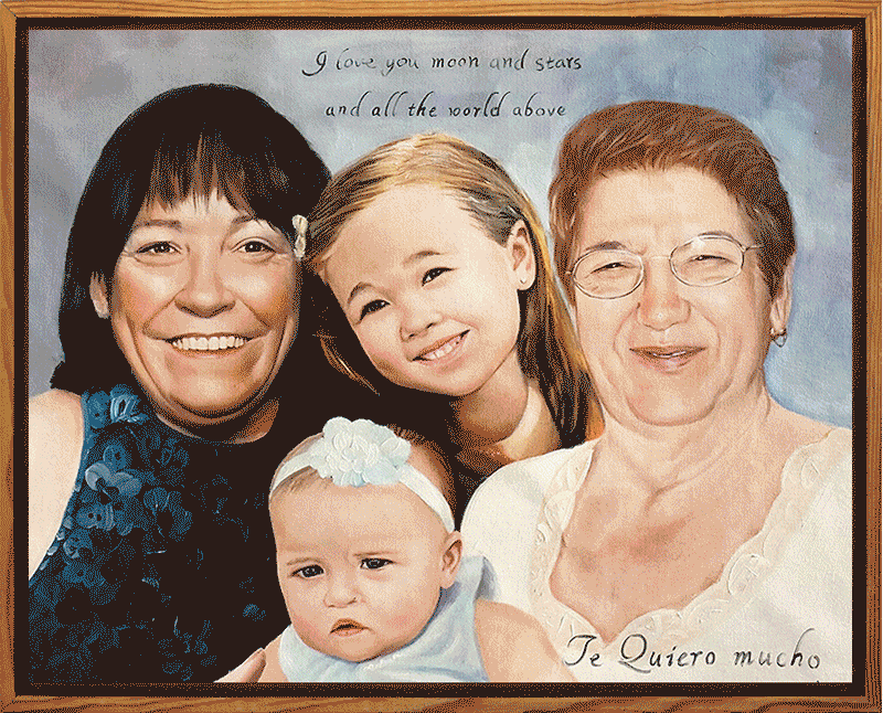 Our most popular portrait style is where our artists combine separate photos of people who couldn't have a photo taken together and paints them in the chosen medium, creating a lasting gift of something previously only imagined. 