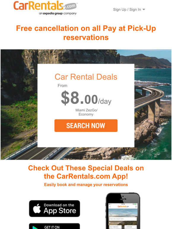 Flexibility for when it matters. Free Cancellation on all of our 'Pay At Pick-up' rental cars.