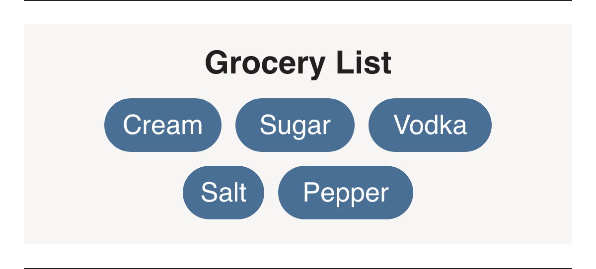Grocery List: Cream,Sugar, Vodka, Salt, Pepper