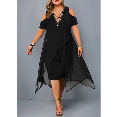 Women's Plus Size A Line Dress Solid Color V Neck Short Sleeve Spring Summer Basic Casual Sexy Midi Dress Daily Weekend Dress