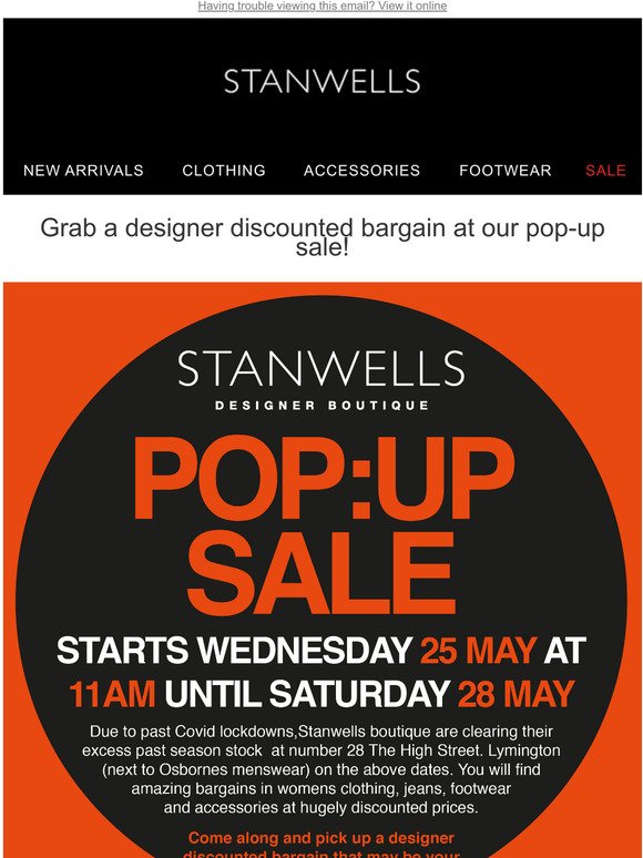 Stanwells Pop-Up Sale May 25th- 28th  May...
