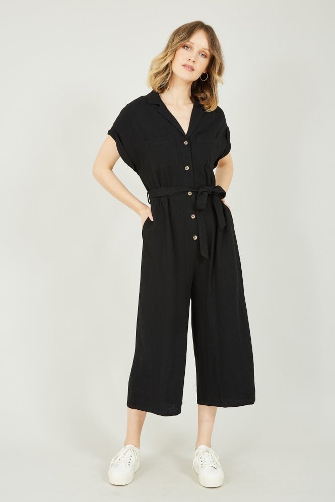 Yumi Black Button Up Linen Jumpsuit