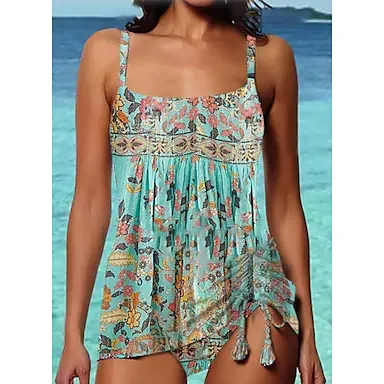 Women's Swimwear Tankini 2 Piece Normal Swimsuit Ruched High Waisted Print Floral Print Green Padded Strap Bathing Suits Sports Vacation Sexy / New
