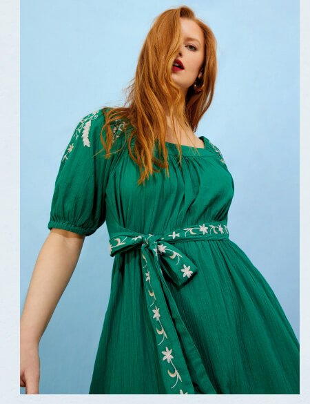 Double faced square neck embroidered dress green