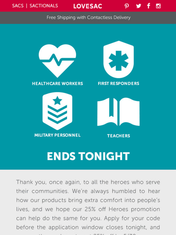 LoveSac Last Chance to Apply for A Heroes Code 25 Off! Milled