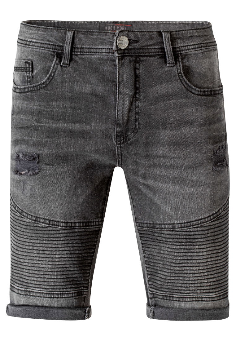 Unifarbene Bermuda-Shorts aus Denim mit Used- und Destroyed-Effekten. Bequemes 5-Pocket-Modell im Biker-Style mit Saumaufschlag an den Beinabschlüssen und Steppung auf der Vorderseite.
