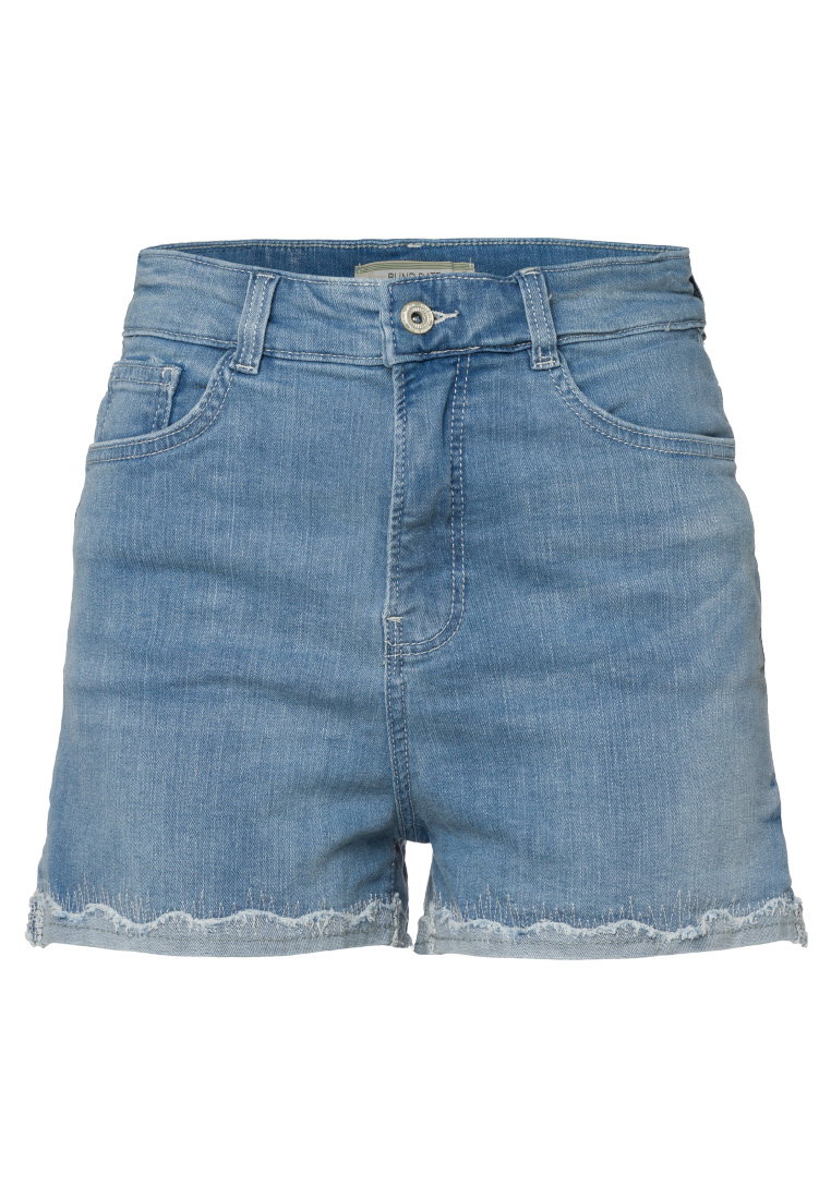 Unifarbene Jeans-Short im 5-Pocket-Style. High Waist Modell mit auffällig abgeschnittenen und umgenähten Hosenbeinen.