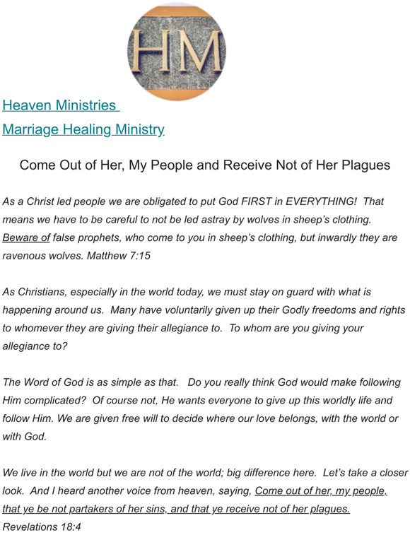 Come Out of Her My People and Receive Not of Her Plagues