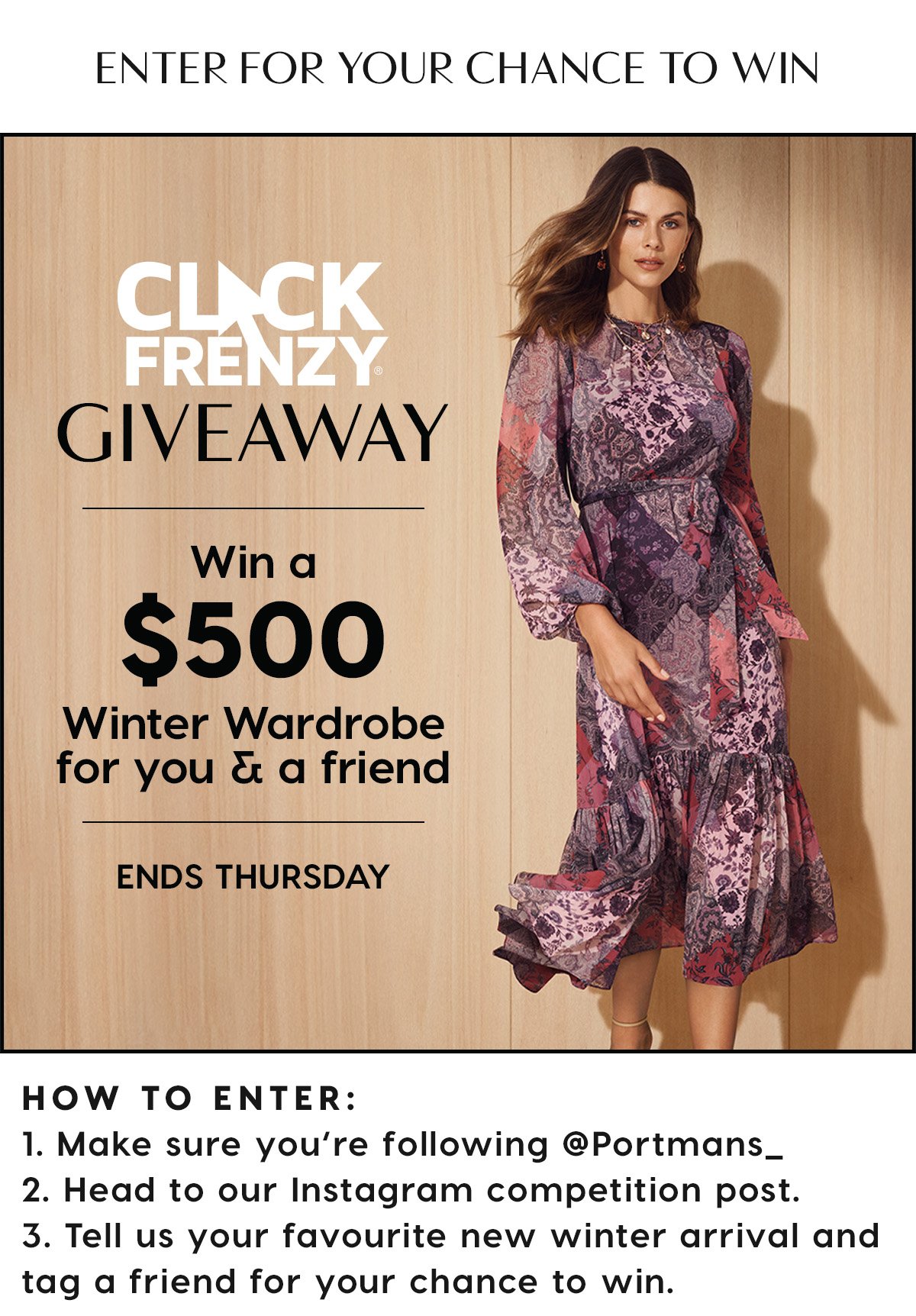 Click Frenzy Giveaway. Win a $500 Winter Wardrobe for you & a friend. Ends Thursday