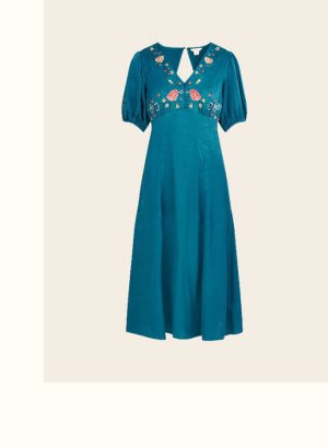 Juliette embroidered jacquard midi dress in recycled polyester teal