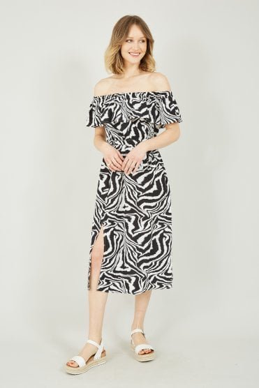 Yumi Black Zebra Print Bardot Dress