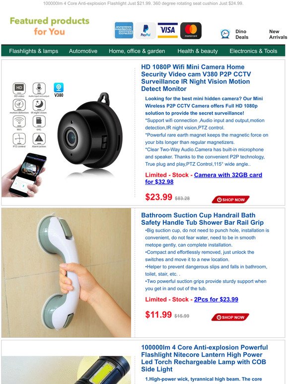 Mini HD Wifi IR Night Vision P2P Camera Just $23.99.$11.99 Home Safety Suction Cup Armrest.