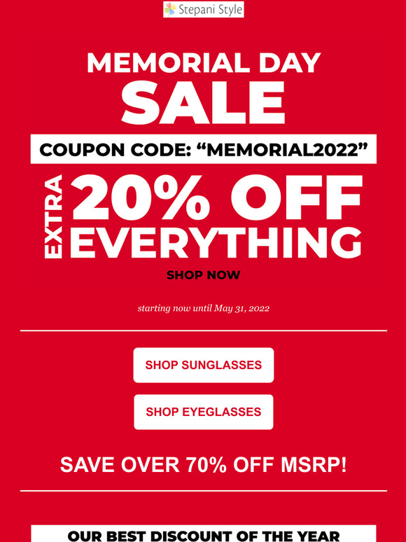 Memorial Day Sale: Extra 20% Off All Designer Sunglasses & Eyeglasses