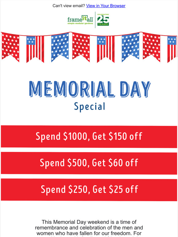In Honor of Memorial Day: Get up to $150 OFF