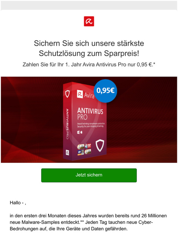 Nur 0,95  fr Ihr 1. Jahr Avira Antivirus Pro!