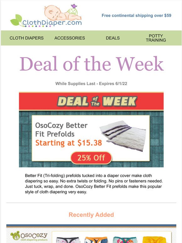 Deal of the Week: 25% Off OsoCozy Better Fit Prefold Cloth Diapers (dozen)