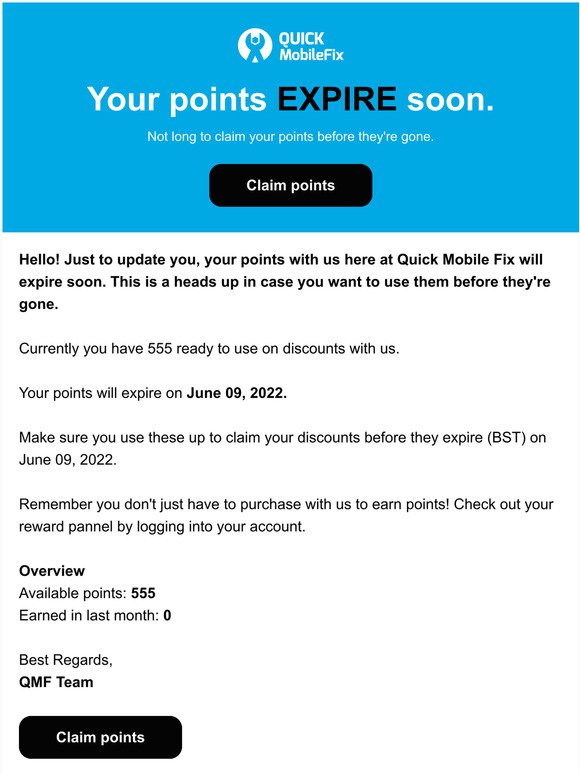 Your points at Quick Mobile Fix are about to expire!